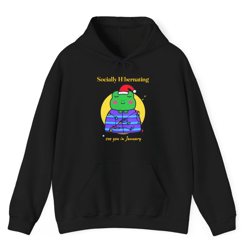 Black hoodie printed with the Socially Hibernating Christmas frog in bright