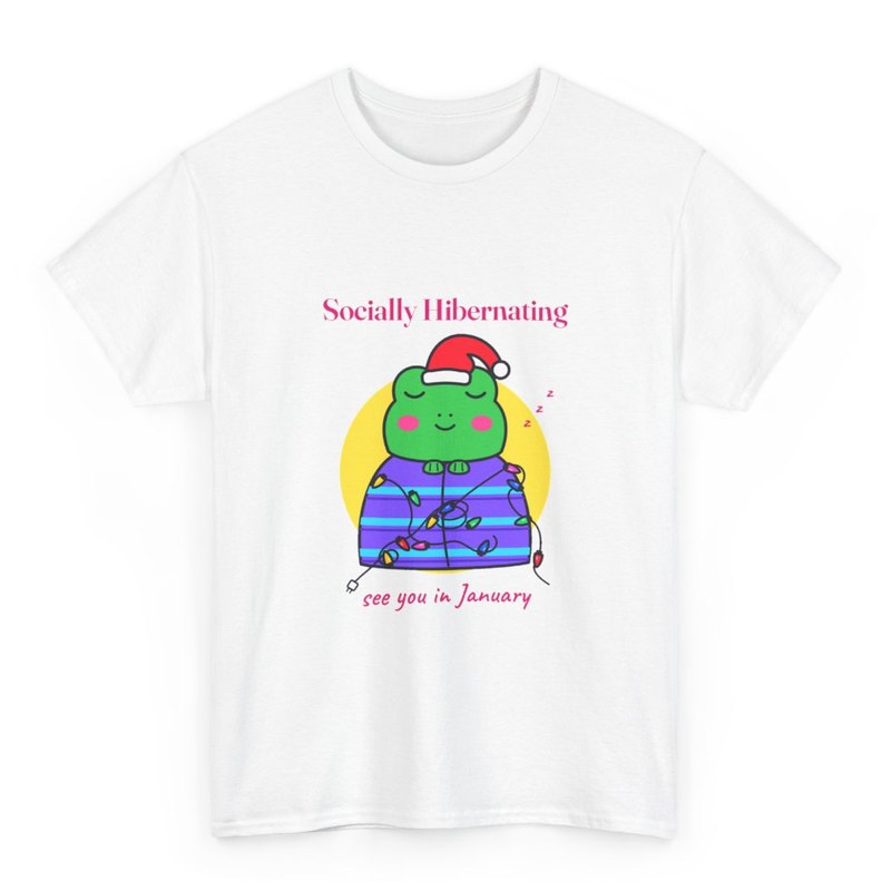 White tee printed with the Socially Hibernating Christmas frog in bright