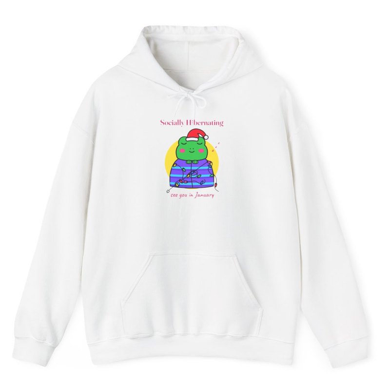 White hoodie printed with the Socially Hibernating Christmas frog in bright