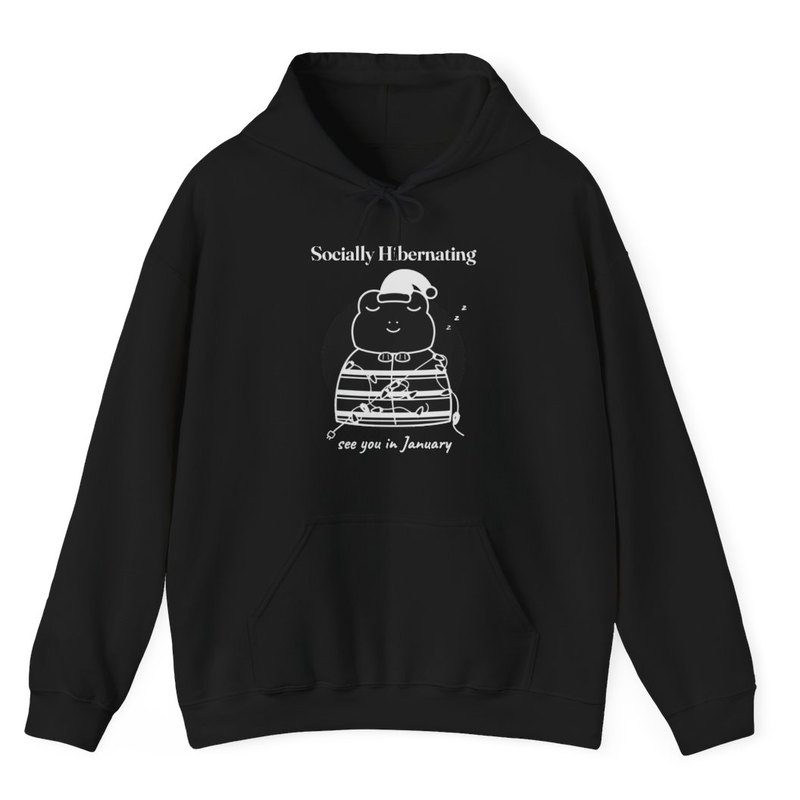 Black hoodie printed with the Socially Hibernating Christmas frog in black and white
