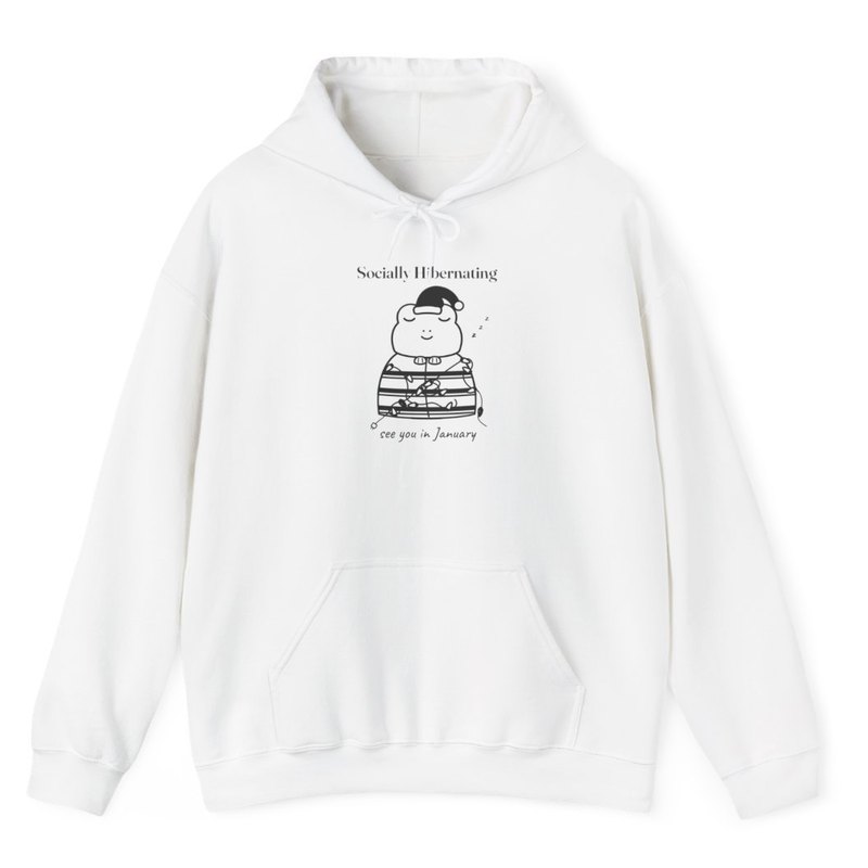 White hoodie printed with the Socially Hibernating Christmas frog in black and white