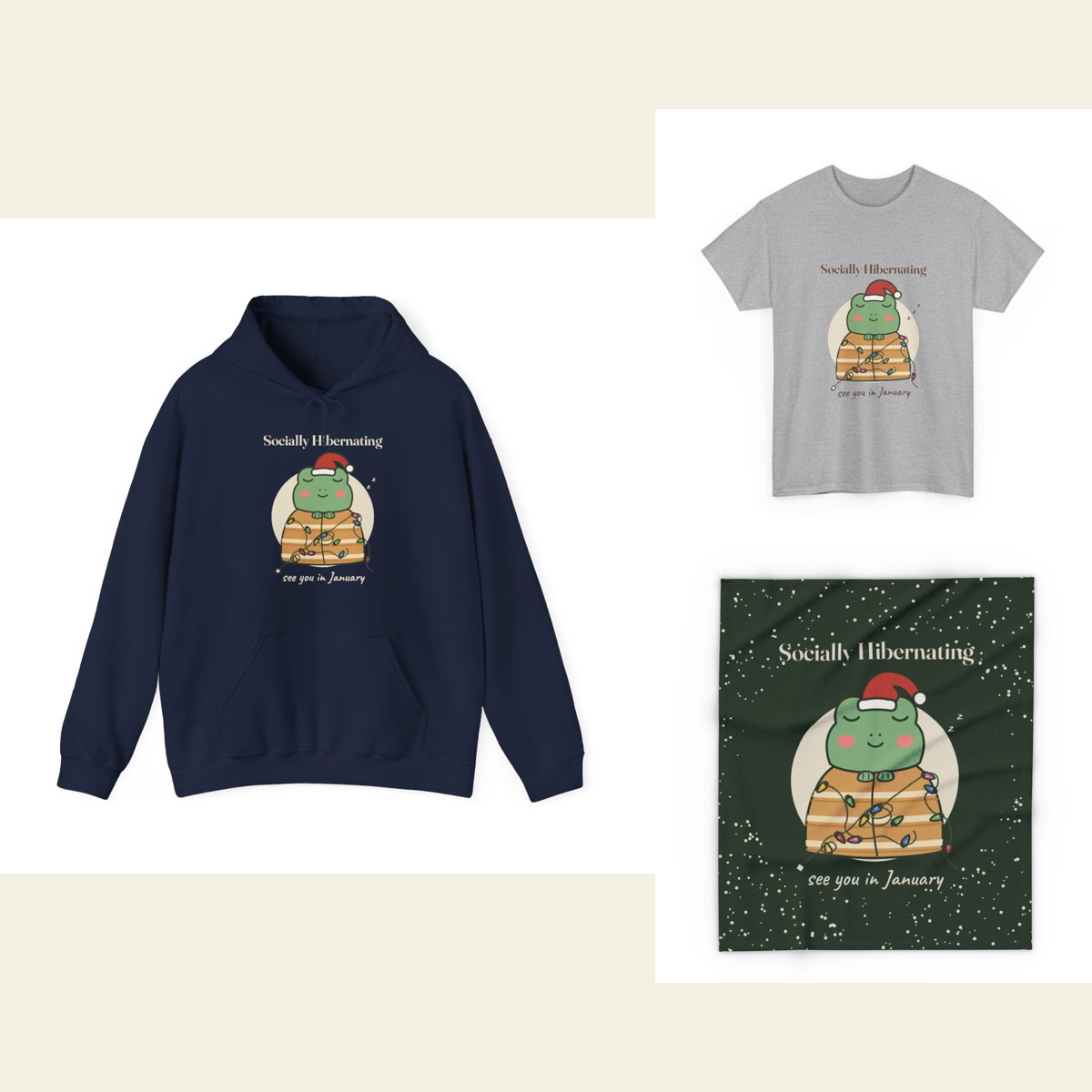 Socially Hibernating hoodie, tee and fleece throw, each printed with the sleepy Christmas frog in a Santa hat