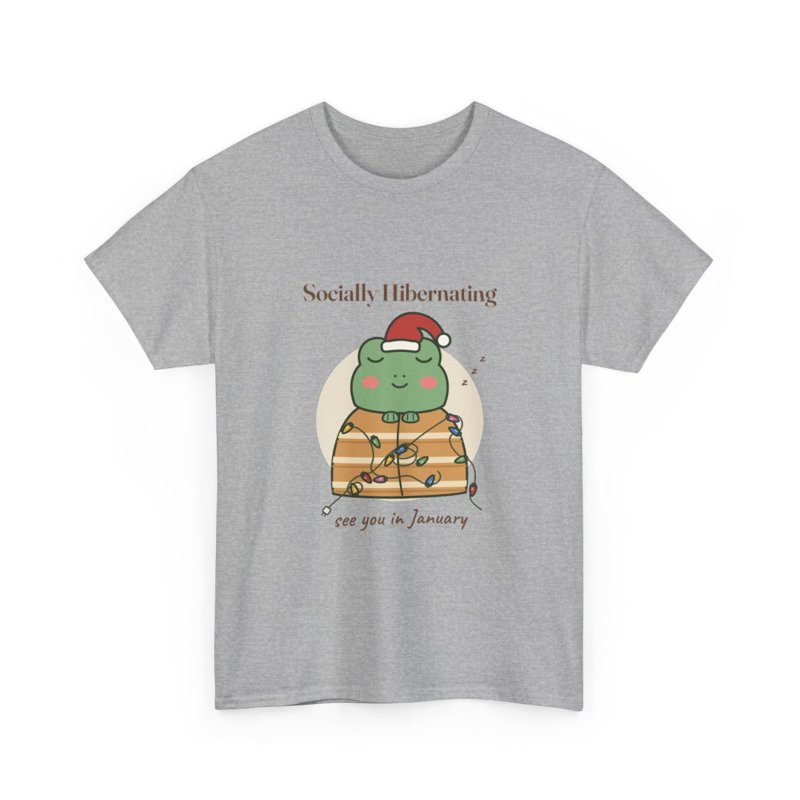 Grey tee printed with the Socially Hibernating Christmas frog