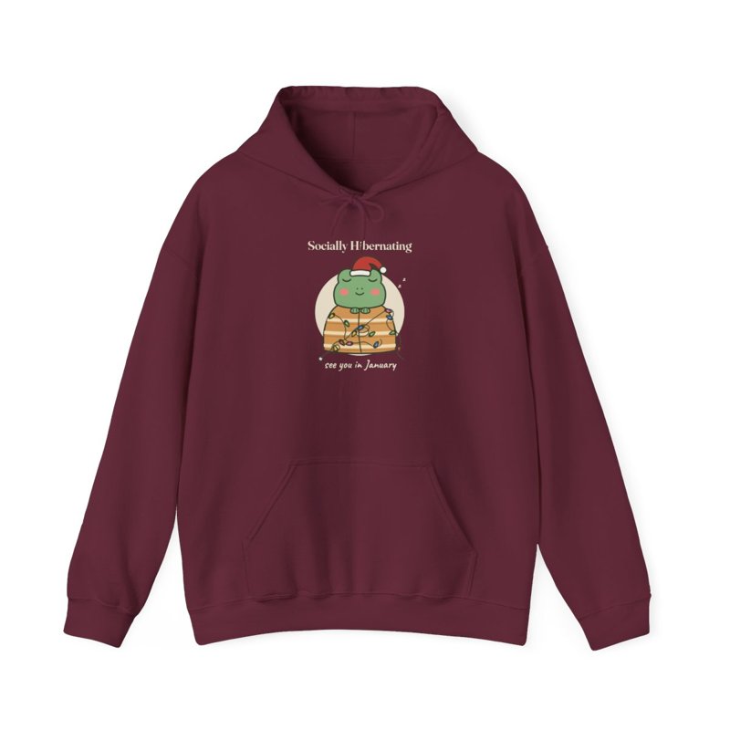 Maroon hoodie printed with the Socially Hibernating Christmas frog